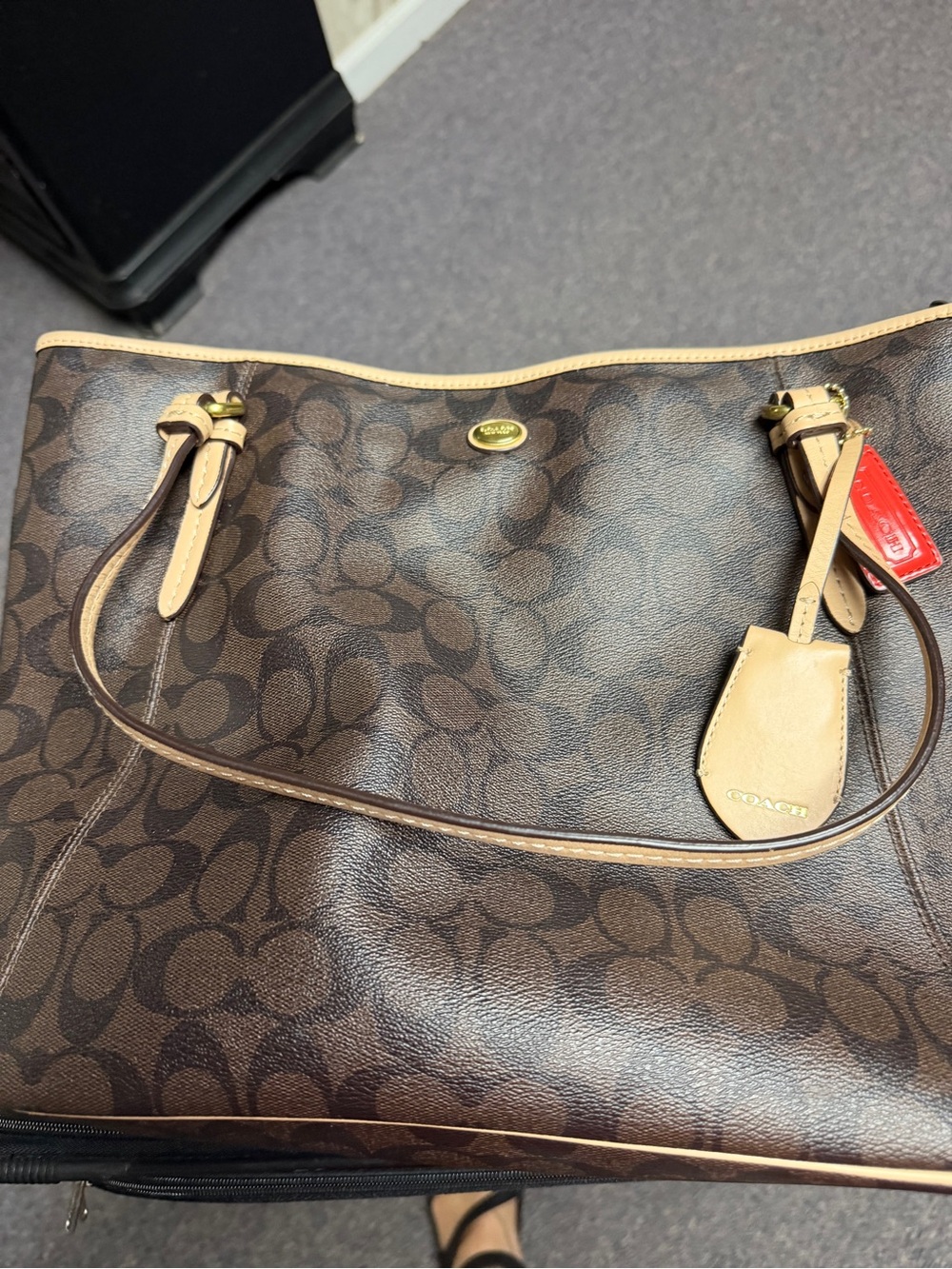 Coach Brown Signature Canvas Tote with Beige Leather Trim